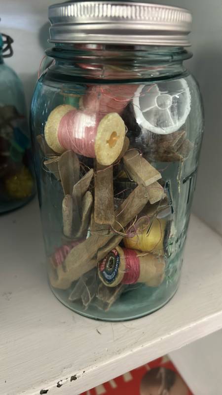 lot 40271 image: Mason Jar Sewing Kit with Thread and Supplies
