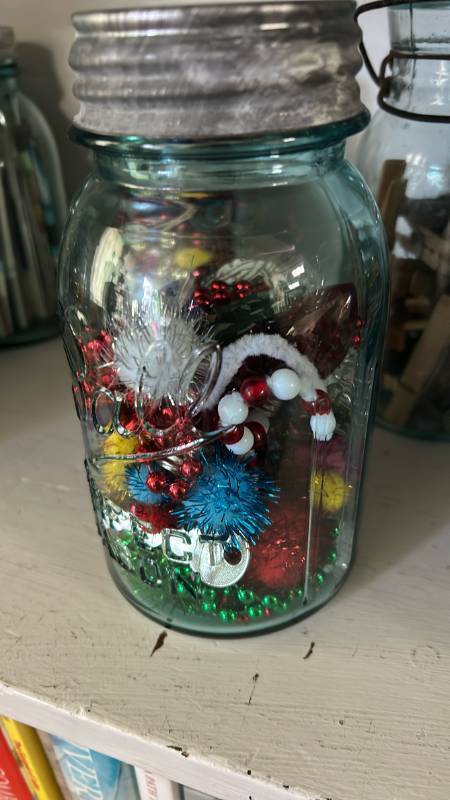 lot 40276 image: Antique Ball Glass Mason Jar with Mixed Craft Supplies and Decorative Items