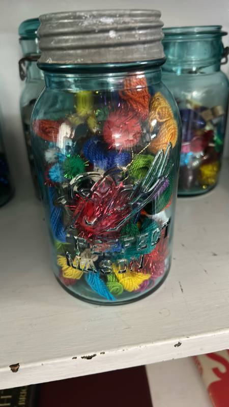 lot 40279 image: Antique Ball Glass Mason Jars with Mixed Craft Supplies