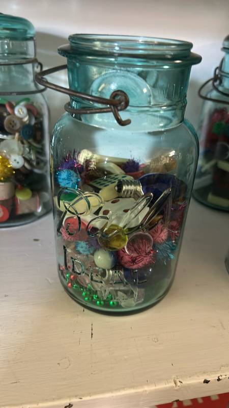 lot 40281 image: Glass Mason Jar with Mixed Craft Supplies and Trinkets