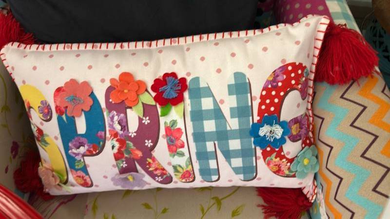 lot 40328 image: Handmade Name Pillow with Floral Applique Letters