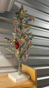 MCM Small Silver Tinsel Christmas Tree with Miniature Ornaments