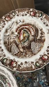 lot 40375 image: Antique Johnson Brothers His Majesty Turkey Dinner Plates Set of 3. Includes 3 replica as well