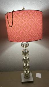 lot 100 image: Crystal Ball Base Table Lamp with Pink Patterned Shade