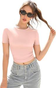 lot 1009 image: Womens Slim Fit Basic Crew Neck Short Sleeve Crop T-Shirt Y2K Summer Casual Streetwear Active Yoga Top 4-Way Stretch Fabric Size Large 12 - 14