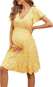 lot 1014 image: Domee Maternity Dress Floral Print V-Neck Midi A-Line Shirred Short Sleeves Ruffled Flowy Summer Boho Baby Shower Photoshoot Small