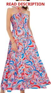 lot 1047 image: GRACE KARIN Womens Summer Dresses 2025 Halter Neck Sleeveless Smocked Backless Cut Out Floral Flowy A Line Maxi Dress. Color is Pink. Size Small