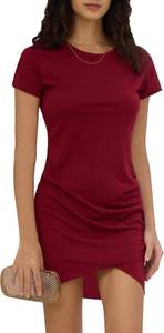 lot 1085 image: Women Summer T Shirt Casual Dress Crew Neck Wrap Ruched Bodycon Short Sleeve Party Club Mini Dresses Red XL