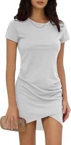 lot 1103 image: Women Summer T Shirt Casual Dress Crew Neck Wrap Ruched Bodycon Short Sleeve Party Club Mini Dresses Medium