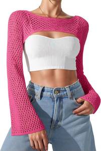 lot 1104 image: Bloggerlove Crochet Crop Tops for Women Trendy Bolero Hollow Out Shrug Sweaters Sexy Beach Cover Ups Y2K Top Pink Medium