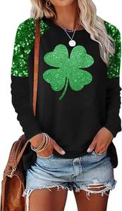 lot 1112 image: XL St Patricks Day Shirt Women Shamrock Sequined Splicing Long Sleeve T-Shirts Lucky Clover Graphic Tee Tops, Photo for Reference, Shirt is Green