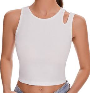 lot 1113 image: Womens Sleeveless Ribbed Tank Top Asymmetrical Shoulder Scoop Neck Casual Basic Fitted Crop Top. Small