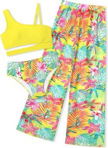 lot 1119 image: Girls Swimsuit Floral Print 3 Piece Teen Girls Bathing Suit Kids Cutout High Waist Girls Bikini with Cover Up Pants Size 1516Y