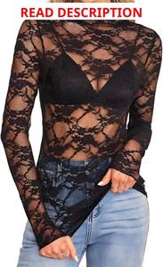 lot 1147 image: Womens Floral Lace Mesh Long Sleeve Top Mock Neck Sheer See Through Fitted Blouse for Party Club Night Out Layering Shirt. Color is Burgundy, Size Small