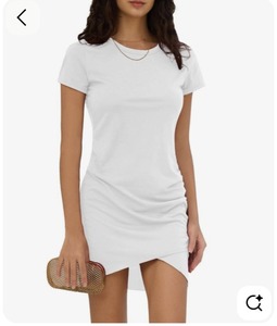 lot 1162 image: CyperSoul Women Summer T Shirt Casual Dress Crew Neck Wrap Ruched Bodycon Short Sleeve Party Club Mini Dresses. Gray Large