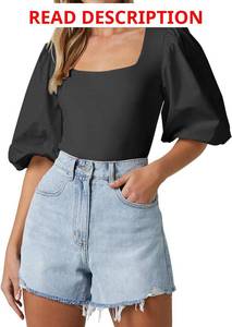 lot 1176 image: Womens Square Neck Puff Short Sleeve Tops Summer Dressy Casual Blouse T Shirts. Tan in Color Size XS