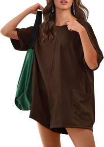 lot 1182 image: Womens Oversized Tee Shirt Romper Back V Neck Short Sleeve Loose Jumpsuit Shorts Size Medium Brown