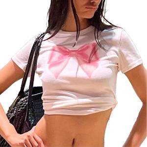 lot 1191 image: Women Graphic Baby Tees Y2k Short Sleeve Slim Fit Crop Tops Teen Girls Cute Aesthetic Clothes (L,B-White), Large