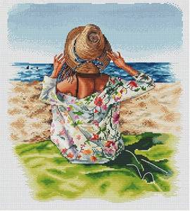 lot 1334 image: 51buyoutgo Girl Sit Beach Cross Stitch Kits, 11 Ct Count Funny Pre Printed Counted Stamped Cross Stitch Embroidery Needlepoint Pattern Kit for Beginners Adult, Easy Advanced Crossstitch Crossstitching