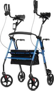 lot 1341 image: $140 ELENKER Upright Walker, Stand Up Rollator Walker with Padded Seat and Backrest, Lightweight, Compact Folding, Fully Adjustment Frame for Seniors, Blue