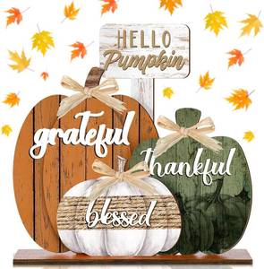 lot 1362 image: Leinuosen Hello Pumpkin Fall Decor Blessed Grateful Thankful Thanksgiving Decor Farmhouse Pumpkin Table Centerpieces Standing Wooden Block Sign for Home Kitchen Decorations(Orange, Green, White,Novel)