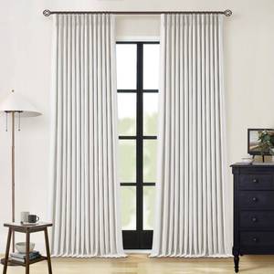 lot 23285 image: Beige White Pinch Pleated Full Blackout Curtains 2 Panels Set Linen Room Darkening 100% Black Out Window Curtains 96 Inch for Living Room Bedroom Thermal Insulated Pinch Pleat Drapes with Hooks Rings - Retail $74
