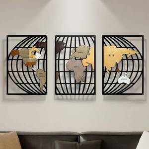 lot 23288 image: FIXNEO Metal Wall Art 3 Piece World Map Wall Art for Living Room Modern Globe Pictures Design Decor for Living Room Home Bathroom Office (World Map, 31.815.74) - Retail $40