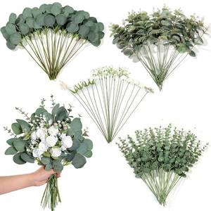 lot 23294 image: 110 Pcs 7 Kinds Mixed Artificial Eucalyptus Stems and Faux Flowers,Fake Silver Dollar Eucalyptus Leaves Stems Bulk Real Touch Leaf Branches for DIY Bouquets Floral Arrangement Wedding Home Decor - Retail $20