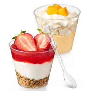 lot 23296 image: 50 Pack 5 oz Plastic Dessert Cups with Spoons, Mini Mousse Cup Round Pudding Cups Party Serving Bowl for Cocktails Appetizers Fruit Parfait and Trifle - Retail $13