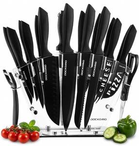 lot 23307 image: Dockorio Kitchen Knife Set with Block, 19 PCS High Carbon Stainless Steel Sharp includes Serrated Steak Knives Set, Chef Knives, Bread Knife, Scissor, Sharpener, all in one - Retail $29