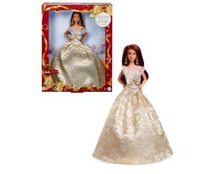 lot 23317 image: Barbie Signature 2025 Holiday Fashion Doll with Dark Brown Hair Wearing Silver & Gold Gown, Seasonal Collectible Includes Displayable Packaging & Doll Stand - Retail $30