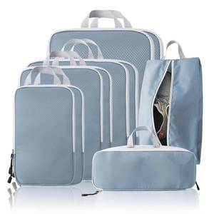 lot 23320 image: Compression Packing Cubes, 10 Set Packing Cubes for Travel Compression, Lightweight Compressible Package Organizer for Carry On and Suitcases, LakeBlue and Grey - Retail $23
