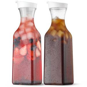 lot 23322 image: NETANY Plastic 50 Oz Water Carafe with Flip Top Lid, Set of 2 Square Base Juice Containers, Clear Plastic Pitcher - for Water, Iced Tea, Juice, Beverage, Cold Brew and Mimosa Bar - HAND WASH ONLY - Retail $14