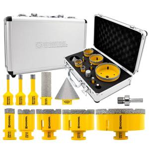 lot 24818 image: HIGHDRIL Diamond Drill Bits Kit with 58-11 for Porcelain Tile Ceramic Marble Brick Concrete Vacuum Brazed Hole Saw(681020355065100mm50mm Chamfer Bit20mm Finger BitAdapter) - Retail $119
