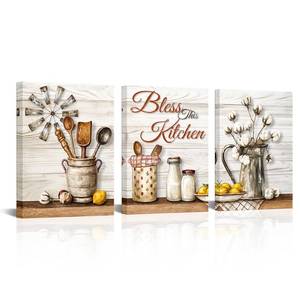 lot 24821 image: HOMEOART Kitchen Wall Art Kitchen Blessed Sign Farmhouse Wall Decor Rustic Dining Room Decor Artwork Framed, 12x16inchx3 Pieces - Retail $22
