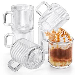 lot 24829 image: Noamus 6 Pack Premium Glass Coffee Mugs with Handle, 12 Oz Classic Vertical Stripes Glass Tea Cups, Transparent Ribbed Beverage Mugs, Clear Vintage Glassware Set for Hot Cold Americano, Cappuccino - Retail $20