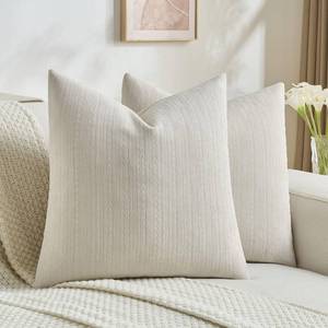 lot 24850 image: FUTEI Pack of 2 Solid Chenille Throw Pillow Covers 20x20 Inch Soft Cozy Wheat Ear Striped Textured Decorative Cushion Cases Modern Farmhouse Accent for Couch Bed Living Room, Beige - Retail $22
