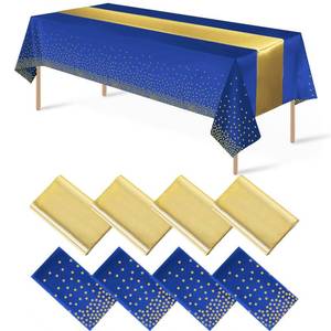 lot 24859 image: 8Pack Disposable Plastic Tablecloths and Satin Table Runner Set Blue and Gold Dot Tablecloth Gold Satin Table Runner for Wedding Birthday Baby Shower Anniversary Christmas New Year Party Decorations - Retail $17
