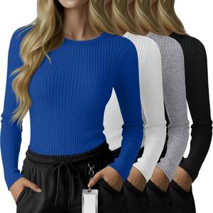 lot 24863 image: Velvelhall 4 Pack Womens Underscrub Shirts Long Sleeve Ribbed Crewneck Tops Slim Fit Soft Cotton Undershirts for Nurse(Royal Blue, White, Mixed Gray, Black,Large) - Retail $40