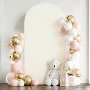 lot 24894 image: Beige Spandex Fitted Arch Cover for Wedding Arch - 6.6FT Stretchy Cardboard Chiara Wall Backdrop Stand Fabric Panels for Birthday Party, Baby Shower, and Banquet Decor - Retail $20