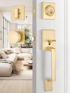 lot 24899 image: EHOMEWARE Front Door Handle with Deadbolt Set, 1 Pack Keyed Entry Door Lock, Single Deadbolt Door Knob for Exterior Door, Satin Brass Finish, Reversible for LeftRight Doors - Retail $66