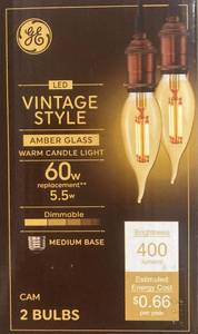 lot 24916 image: GE Vintage LED Decorative Light Bulbs, 5.5 Watts (60 Watt Equivalent) Warm Candle Light 2000K, Amber Glass, Medium Base, Dimmable (2 Pack) - Retail $19