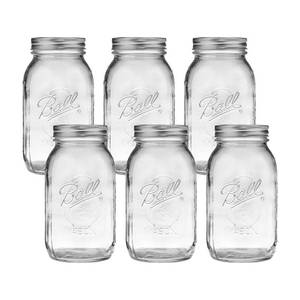 lot 24920 image: Ball Regular Mouth Glass Mason Jars with Lids and Bands, Used for Canning (Quart, 32 Ounce (Pack of 6)) - Retail $26