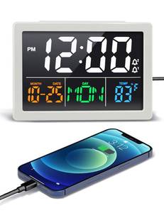 lot 29152 image: Digital Alarm Clock, with 5.5 Large LED Time Display, Adjustable Alarm Volume, 6 Level Brightness, Alarm Settings, USB Charger, Temperature Detect, Snooze, Clocks for Bedroom, Bedside, Desk, White - Retail $15