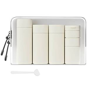 lot 29168 image: Suteng Travel Bottles for Toiletries, 5 Pack Travel Size Containers, TSA Approved Leak Proof - Silicone Toiletry Containers with Clear Bag for Shampoo, Conditioner & Lotion, Travel Essentials (White) - Retail $10