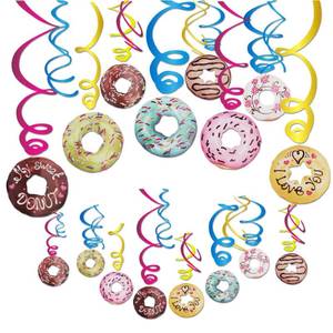 lot 29181 image: 30Ct Donut Hanging Swirl Decorations, Cute Donut Party Decor Foil Ceiling Hanging Streamers for Birthday Party, Donut Grow Up Party, First Birthday, Home Classroom Decoration - Retail $12