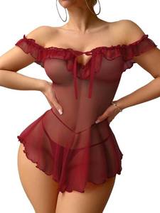 lot 31144 image: Mixxmix Sexy Lingerie for Women Sheer Baby doll Off Shoulder Sleeve Ruffle Mesh Sexy Nightgowns Clubwear Wine Red S - Retail $14