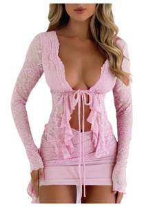 lot 31148 image: GORGLITTER Womens Lace Tie Front Tops Mesh Ruffle Bow Long Sleeve See Through Blouse Shirt Dressy Casual 2025 Pink Small - Retail $31