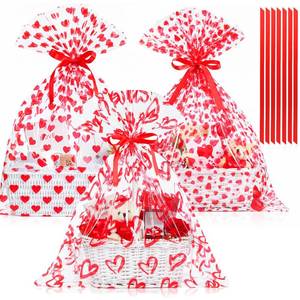 lot 31152 image: Tenceur 60 Pcs Giant Valentines Day Heart Clear Cellophane Gift Bags with Red Ribbons - Large 25.6 x 31.5 Inches Valentines Day Plastic Basket Wrapping for Gifts, Crafts, Dolls, and Toys - Retail $21