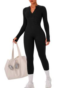 lot 31166 image: OLCHEE Womens Long Sleeve Workout Jumpsuit Seamless Ribbed Tummy Control Yoga Bodycon Zip Up One Piece Unitard Sculpt Rompers - Brown Small - Retail $20